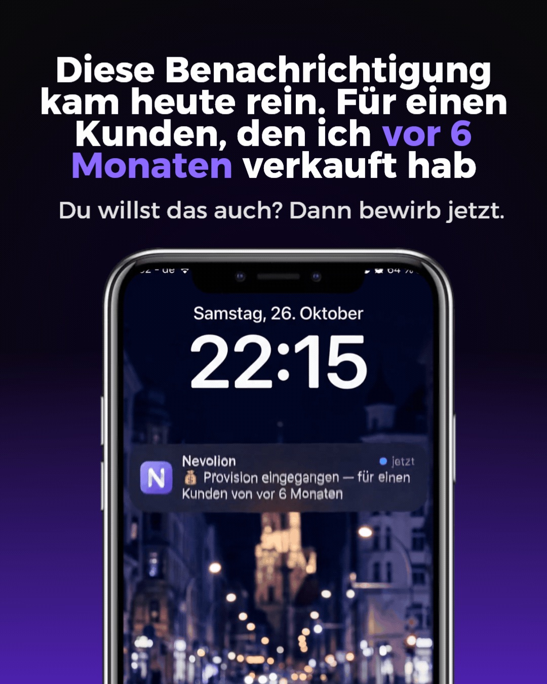 Animierte Nevolion Werbeanzeige mit einer echten Provisionsbenachrichtigung