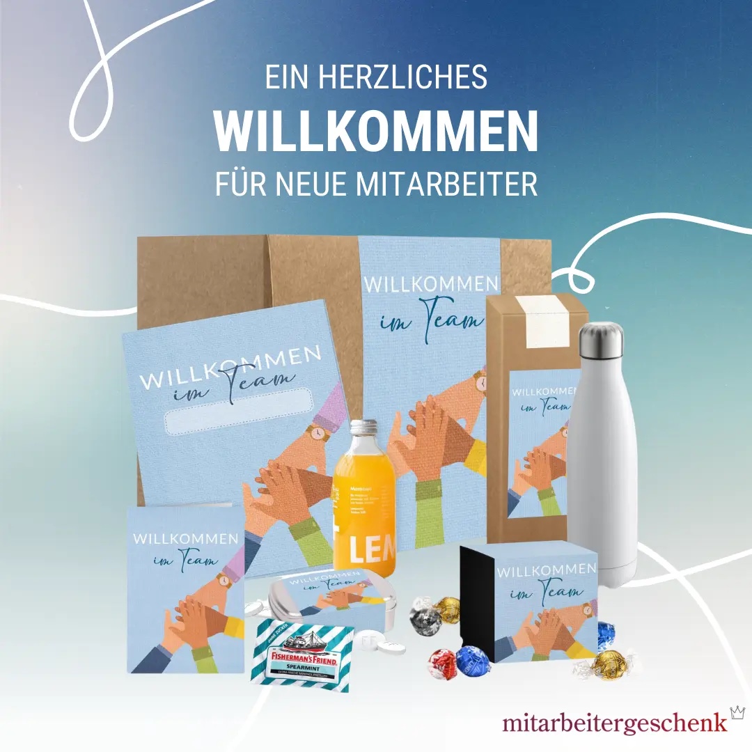 Blaues Kampagnen-Creative für ein Willkommenspaket für neue Mitarbeiter
